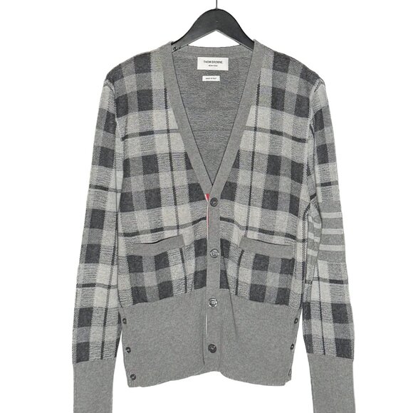 Thom Browne Grey Cashmere Tartan Check Cardigan Sweater - Picture 1 of 10